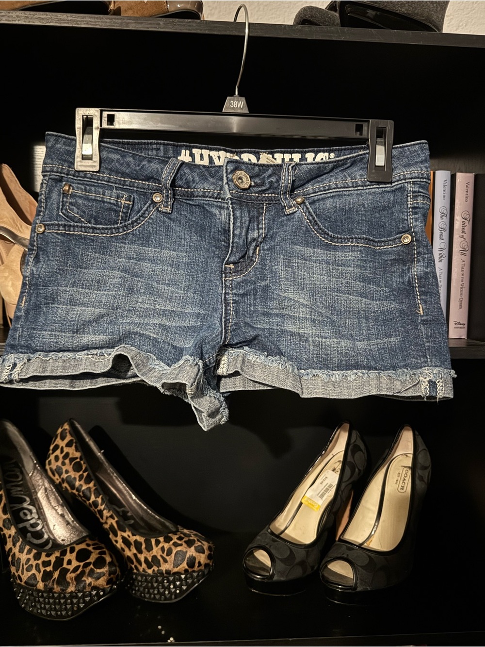 Hydraulic Distressed Dark Blue Denim Jean Shorts